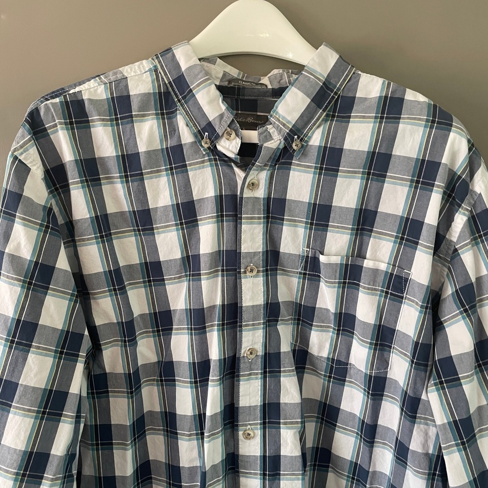 Eddie Bauer Mens TXL Classic Fit Plaid Button Down Shirt Blue White 100% Cotton
